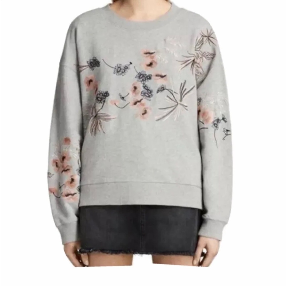 All Saints Margot Embroidered Sweatshirt, Gray Womens Sz S Oversized Fit***
